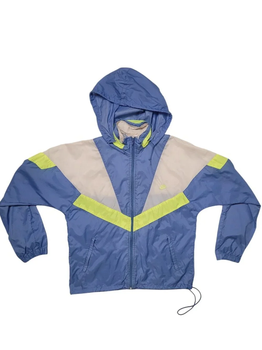 90s NIKE Gray Tag Windbreaker Jacket Hidden Hood Blue Yellow Unisex Women's MED